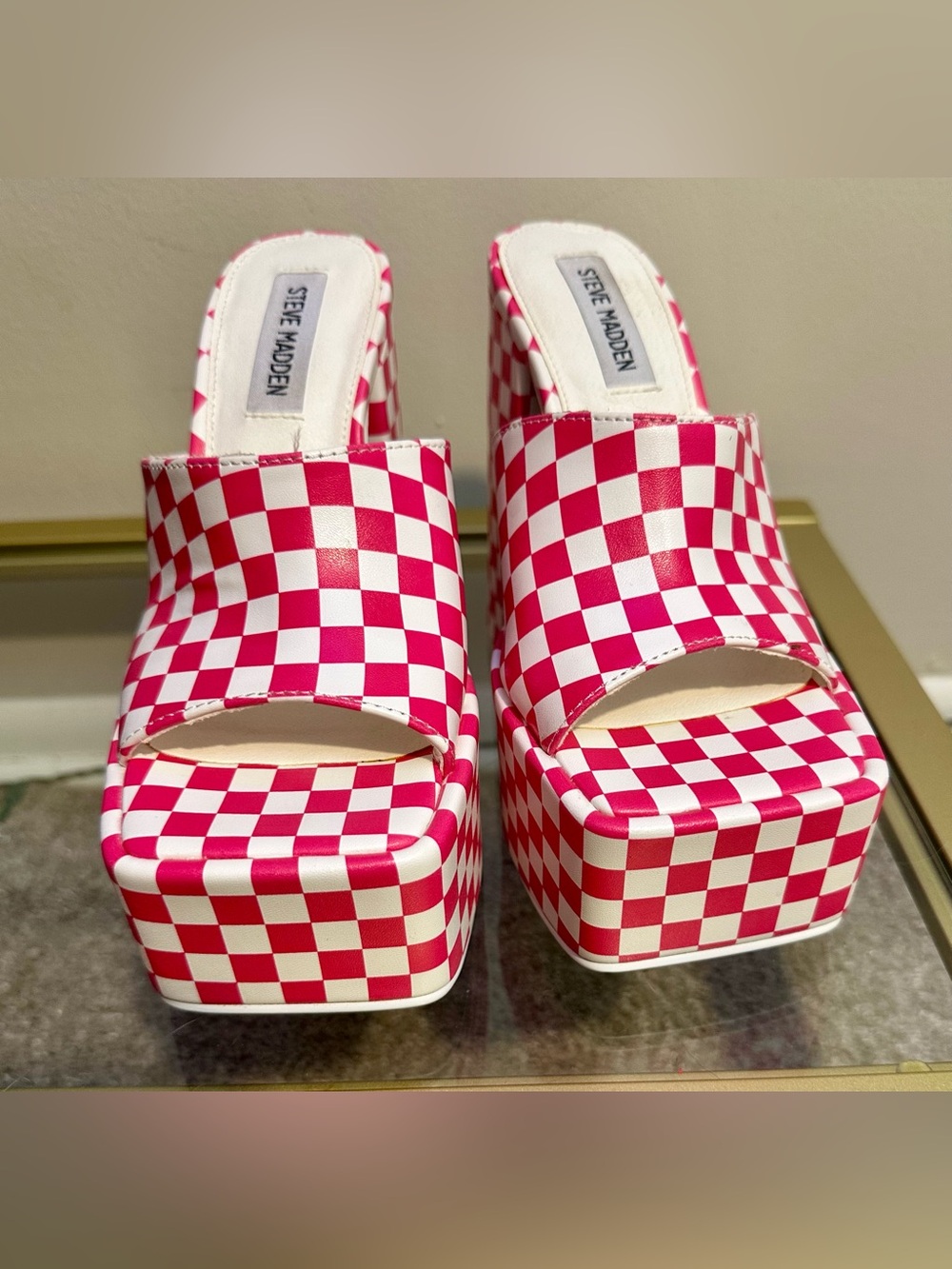 Steve Madden Trixie Platform Sandals Block Heel Pink/White Checkered Size 6 - Picture 3 of 7